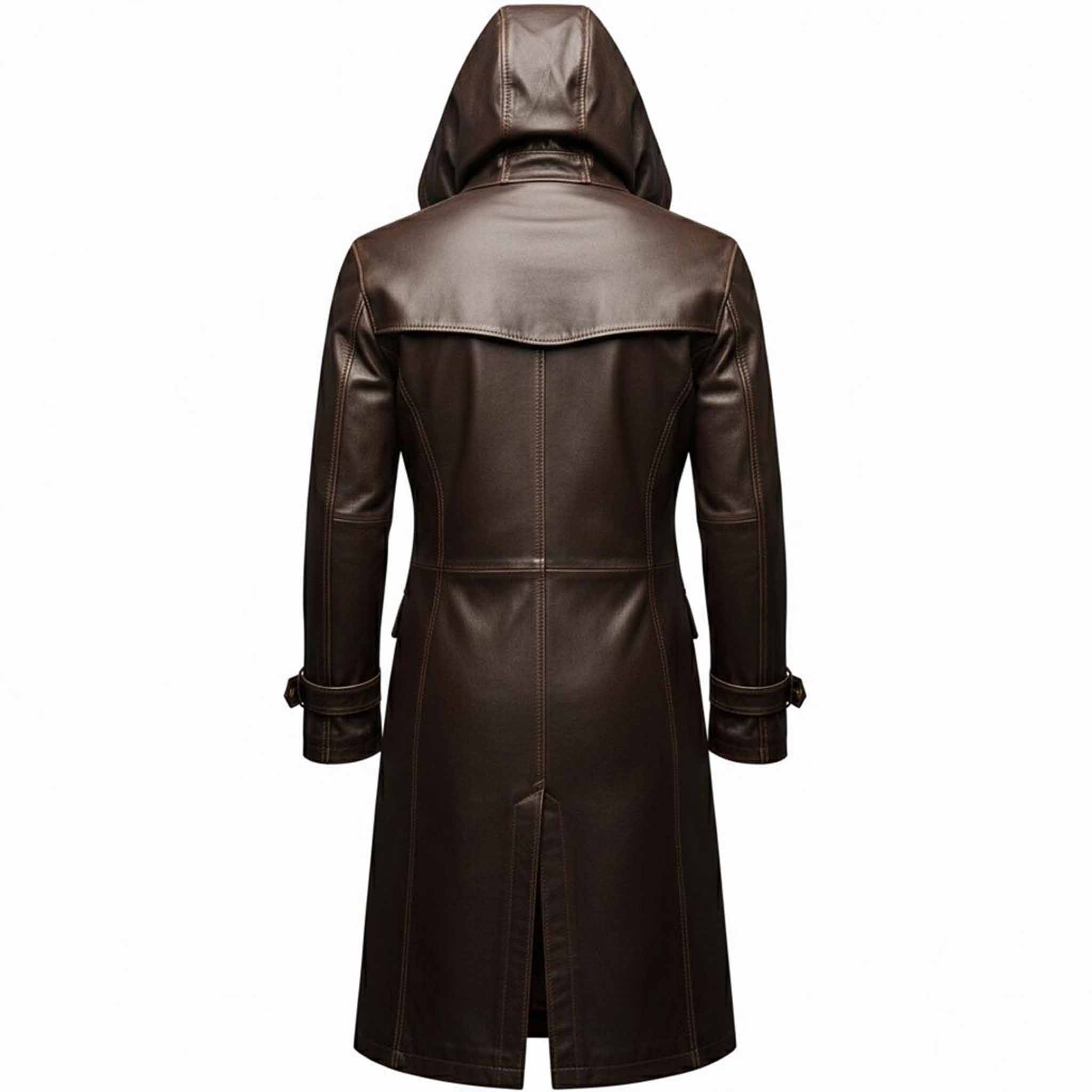 Back studio shot of mens brown leather duster coat showing integrated hood, shoulder storm capelet, and center split walking vent