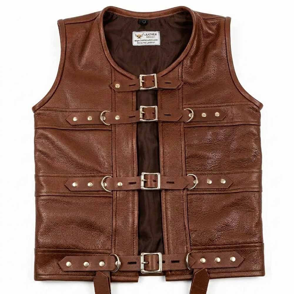 A brown leather corset vest featuring four lockable buckle straps and side D-rings. and silver-tone hardware, laid flat against a white background.