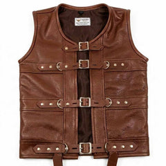 A brown leather corset vest featuring four lockable buckle straps and side D-rings. and silver-tone hardware, laid flat against a white background.