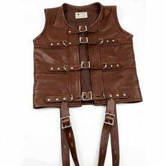 A brown leather corset vest featuring four lockable buckle straps and side D-rings. and long suspenders, laid flat on a white background.