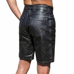 Back view of men's real leather knee-length shorts displaying riveted rear patch pockets, belt loops, and reinforced inner thigh stitching.