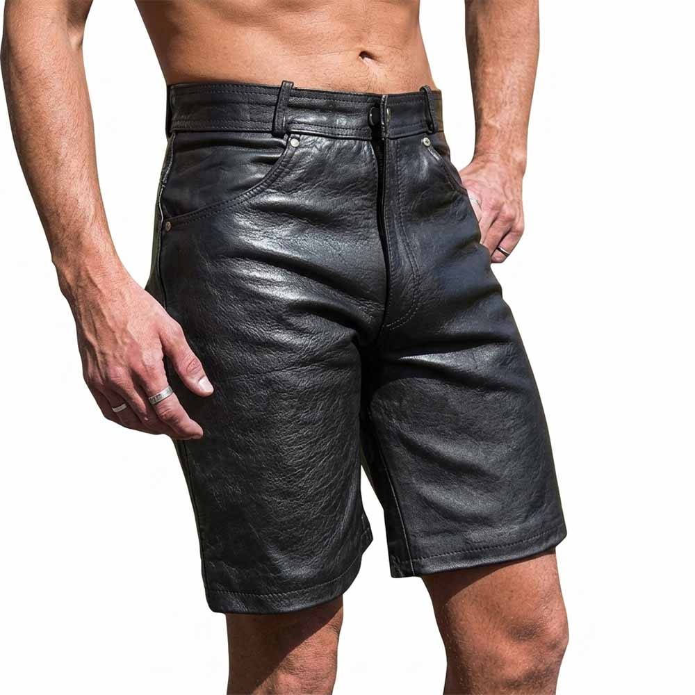 Front view of men's black genuine leather Bermuda shorts featuring 5-pocket jeans styling, metallic button waist closure, and knee-length cut.