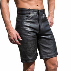 Front view of men's black genuine leather Bermuda shorts featuring 5-pocket jeans styling, metallic button waist closure, and knee-length cut.