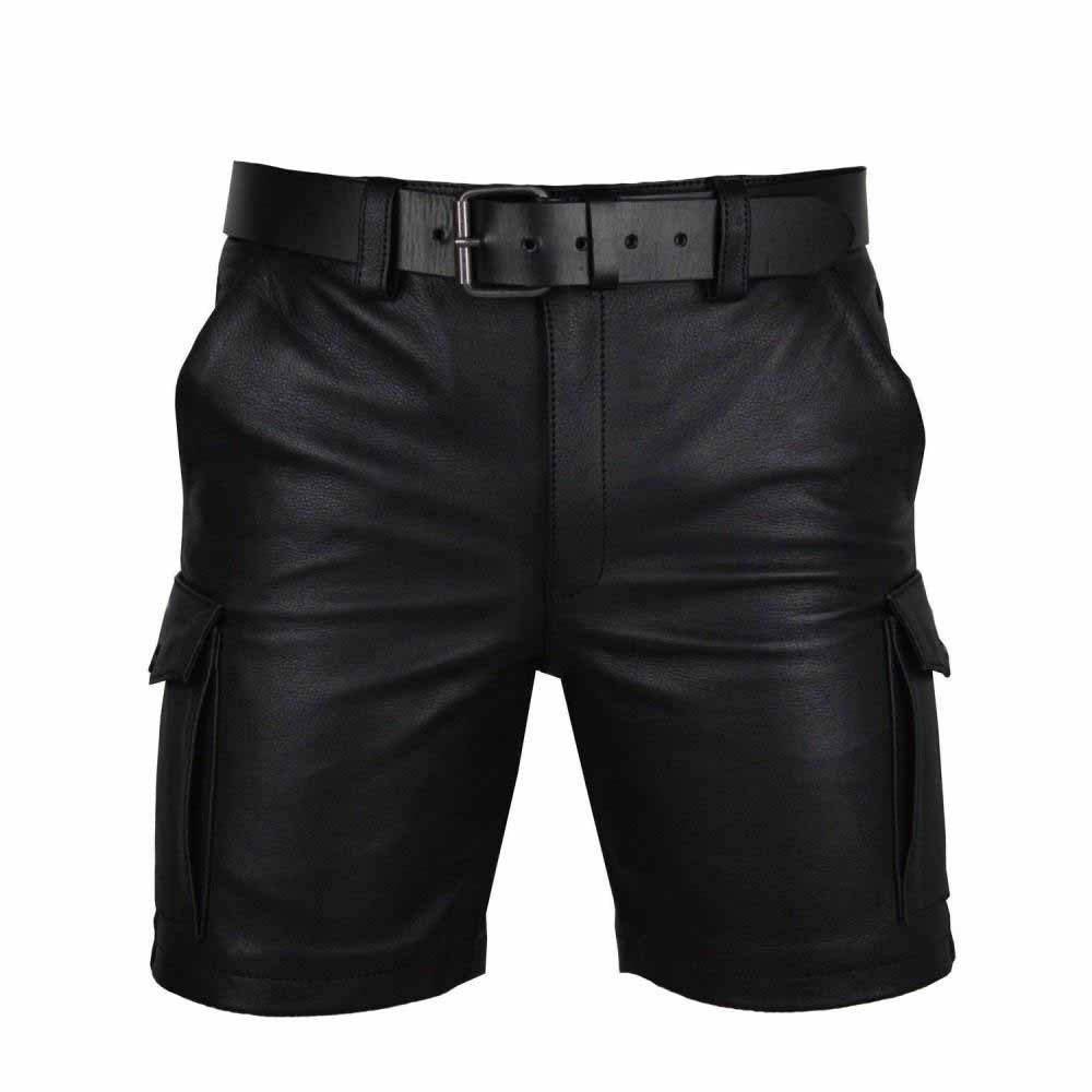 Pantalones cortos cargo para hombre 100% piel auténtica con seis bolsillos y cinturón