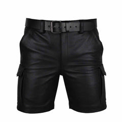 Pantalones cortos cargo para hombre 100% piel auténtica con seis bolsillos y cinturón