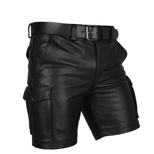 Pantalones cortos cargo para hombre 100% piel auténtica con seis bolsillos y cinturón