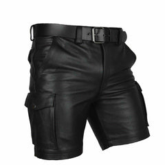 Pantalones cortos cargo para hombre 100% piel auténtica con seis bolsillos y cinturón