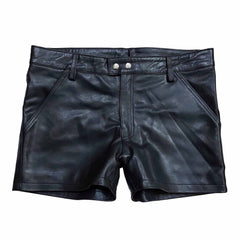 Mens 100% Genuine Leather Sexy Two Pockets Black Shorts With Rear Zip