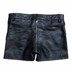 Mens 100% Genuine Leather Sexy Two Pockets Black Shorts With Rear Zip