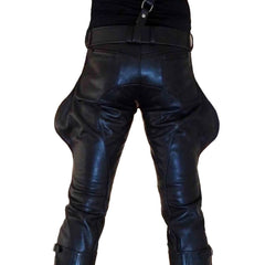Pantalones de hombre de piel de vacuno negra tipo Saddleback con bolsillos traseros invisibles corte de bota