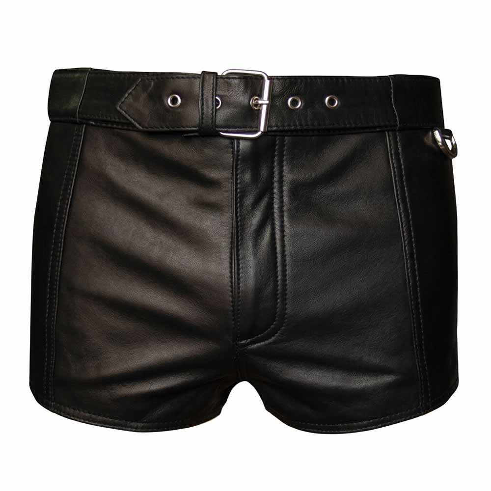 Front view of men's black leather hot pants showing buckled leather belt, side belt loops, YKK zip fly, and clean hemmed legs.