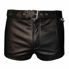 Front view of men's black leather hot pants showing buckled leather belt, side belt loops, YKK zip fly, and clean hemmed legs.