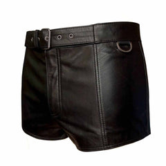 Front side view of men's black genuine leather shorts with built-in belt, metal roller buckle, and side D-ring detail.