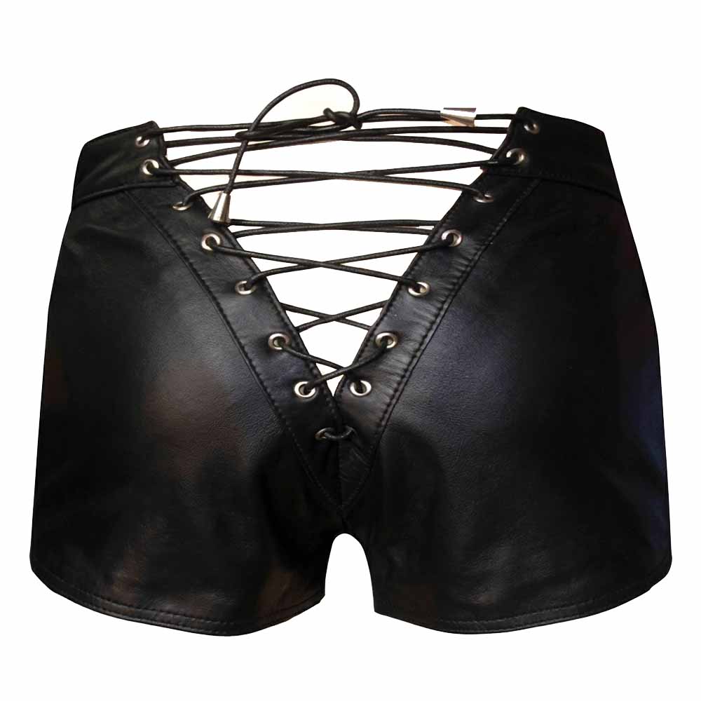 Back view of men's short black real leather shorts showing full V-shaped lace-up panel with metal grommets and cinch cords.