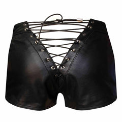 Back view of men's short black real leather shorts showing full V-shaped lace-up panel with metal grommets and cinch cords.