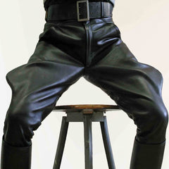 Pantalones de cuero negro genuino de piel de vacuno suave para hombre, pantalones BLUF