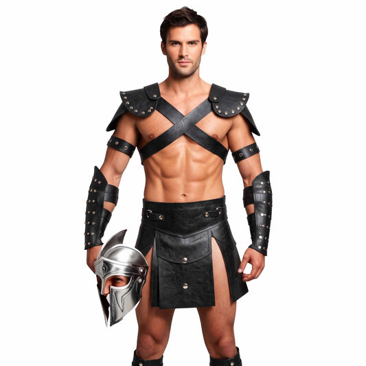 Mens Black Leather Gladiator Costume Historical Reenactment Armor Kilt Set Roman Warrior LARP