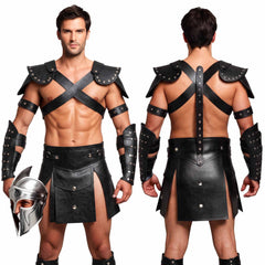 Mens Black Leather Gladiator Costume Historical Reenactment Armor Kilt Set Roman Warrior LARP