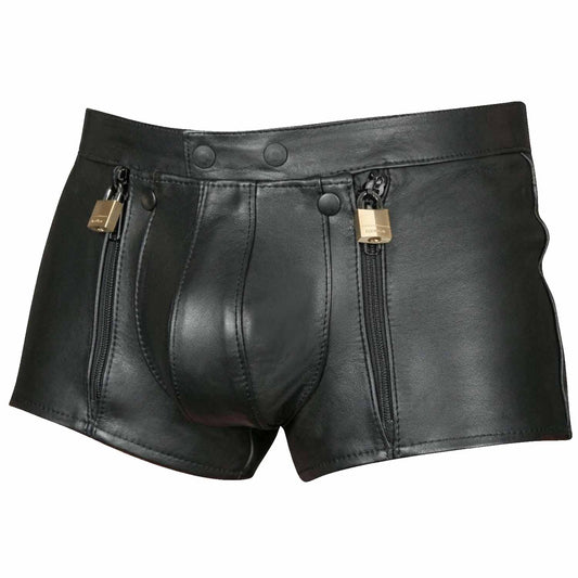 Pantalones cortos de castidad de cuero de vaca auténtico negro para hombre con doble cremallera