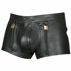 Pantalones cortos de castidad de cuero de vaca auténtico negro para hombre con doble cremallera