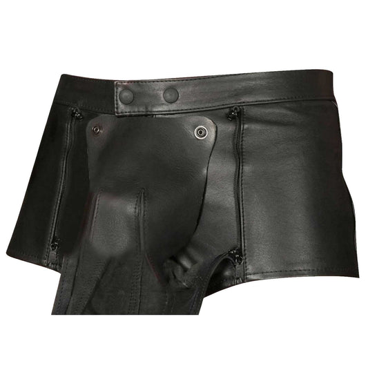 Pantalones cortos de castidad de cuero de vaca auténtico negro para hombre con doble cremallera