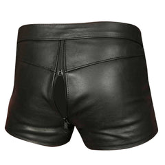 Pantalones cortos de castidad de cuero de vaca auténtico negro para hombre con doble cremallera