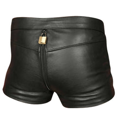 Pantalones cortos de castidad de cuero de vaca auténtico negro para hombre con doble cremallera