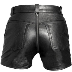 Black leather shorts with a zippered back and stitched pocket details, shown from the rear on a white background.