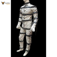 Mens Bondage jump suit cell suit White Cow Leather Heavy Duty Restriction Catsuit BDSM