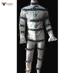 Mens Bondage jump suit cell suit White Cow Leather Heavy Duty Restriction Catsuit BDSM