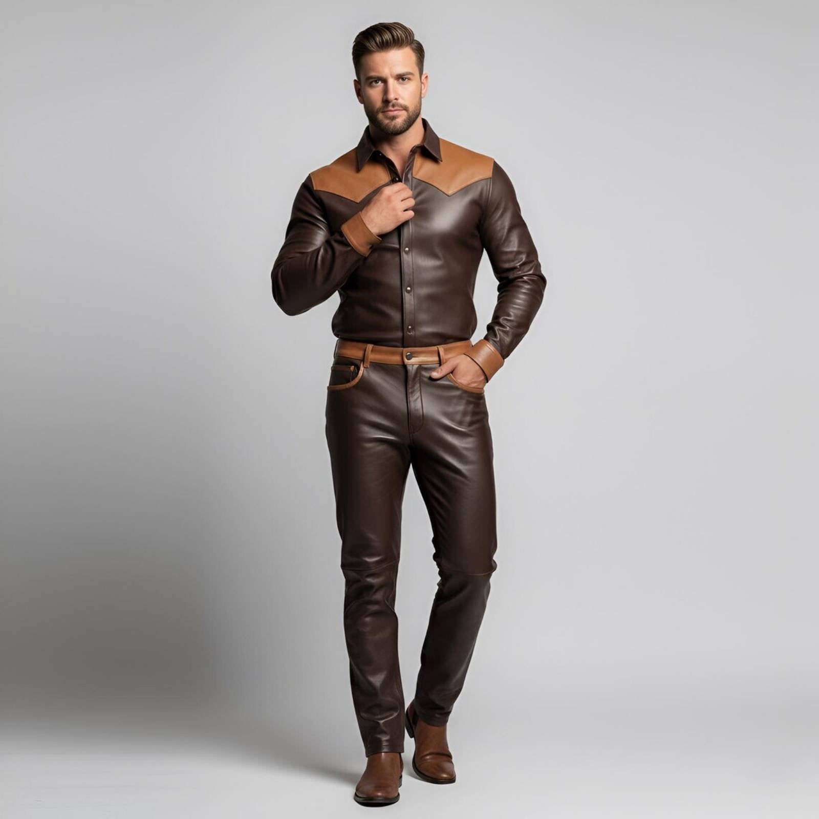 Full length front view of a man wearing a bespoke two-tone dark brown and tan leather shirt and tailored leather pants set