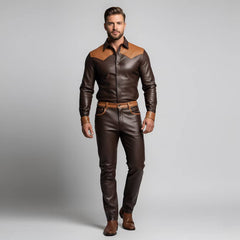 Model showcasing the tailored collar and chest fit of the men's dark brown genuine leather snap-button shirt and matching leather trousers