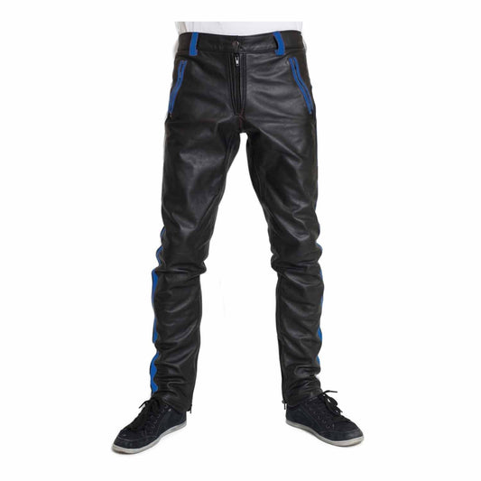 Pantalones de cuero de vaca para hombre, pantalones cortos de motociclista, pantalones de cuero con raya azul, pantalones chinos de ropa de club