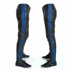 Pantalones de cuero de vaca para hombre, pantalones cortos de motociclista, pantalones de cuero con raya azul, pantalones chinos de ropa de club