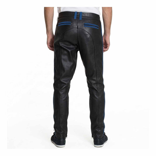 Pantalones de cuero de vaca para hombre, pantalones cortos de motociclista, pantalones de cuero con raya azul, pantalones chinos de ropa de club