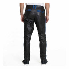 Pantalones de cuero de vaca para hombre, pantalones cortos de motociclista, pantalones de cuero con raya azul, pantalones chinos de ropa de club