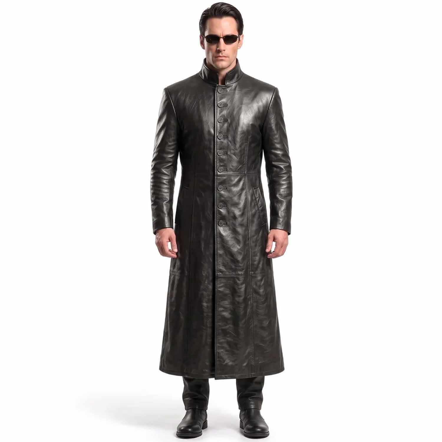 Full front view of a man wearing a handmade black leather neo matrix trench coat with button down closure