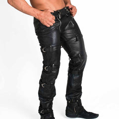 Pantalones de castidad ajustados de cuero genuino para hombre, pantalones de club, pantalones vaqueros de bondage CON CREMALLERA TRASERA