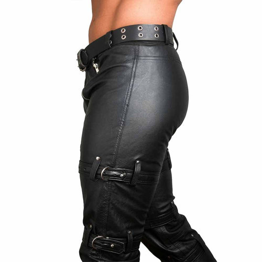 Pantalones de castidad ajustados de cuero genuino para hombre, pantalones de club, pantalones vaqueros de bondage CON CREMALLERA TRASERA