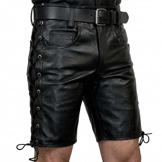 Pantalones cortos de cuero auténtico negro hechos a mano para hombre con cordones laterales para fiesta