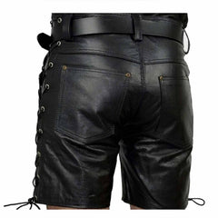 Mens Handmade Black Genuine Leather Shorts Side Laces Shorts Party Wear Shorts