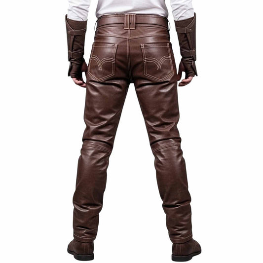 Rear view showing back pockets, reinforced stitching, and belt loop structure on men's brown leather LARP trousers against a white background.
