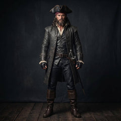 Full length front view of bearded pirate captain wearing handmade black leather frock coat vest and pants set on dark background