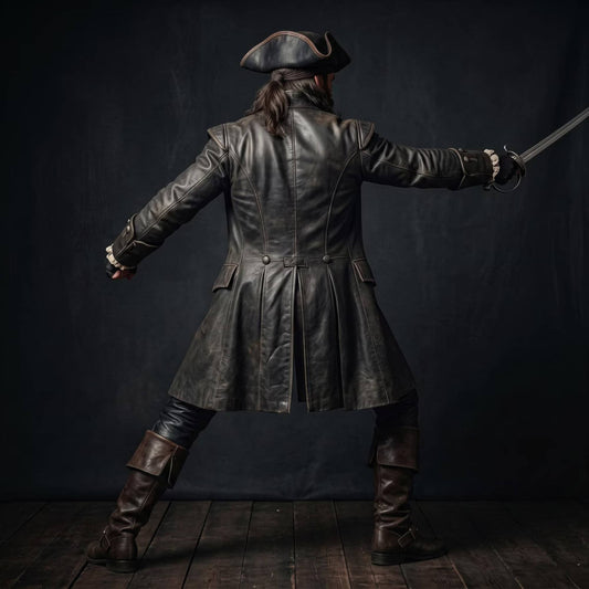 Rear full body view of pirate captain holding cutlass sword showing flared pleats and center split vent of black leather duster coat