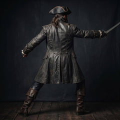 Rear full body view of pirate captain holding cutlass sword showing flared pleats and center split vent of black leather duster coat