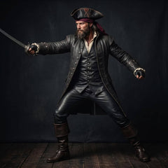 Pirate captain in aggressive fencing stance with sword wearing weathered black leather coat and buttoned waistcoat