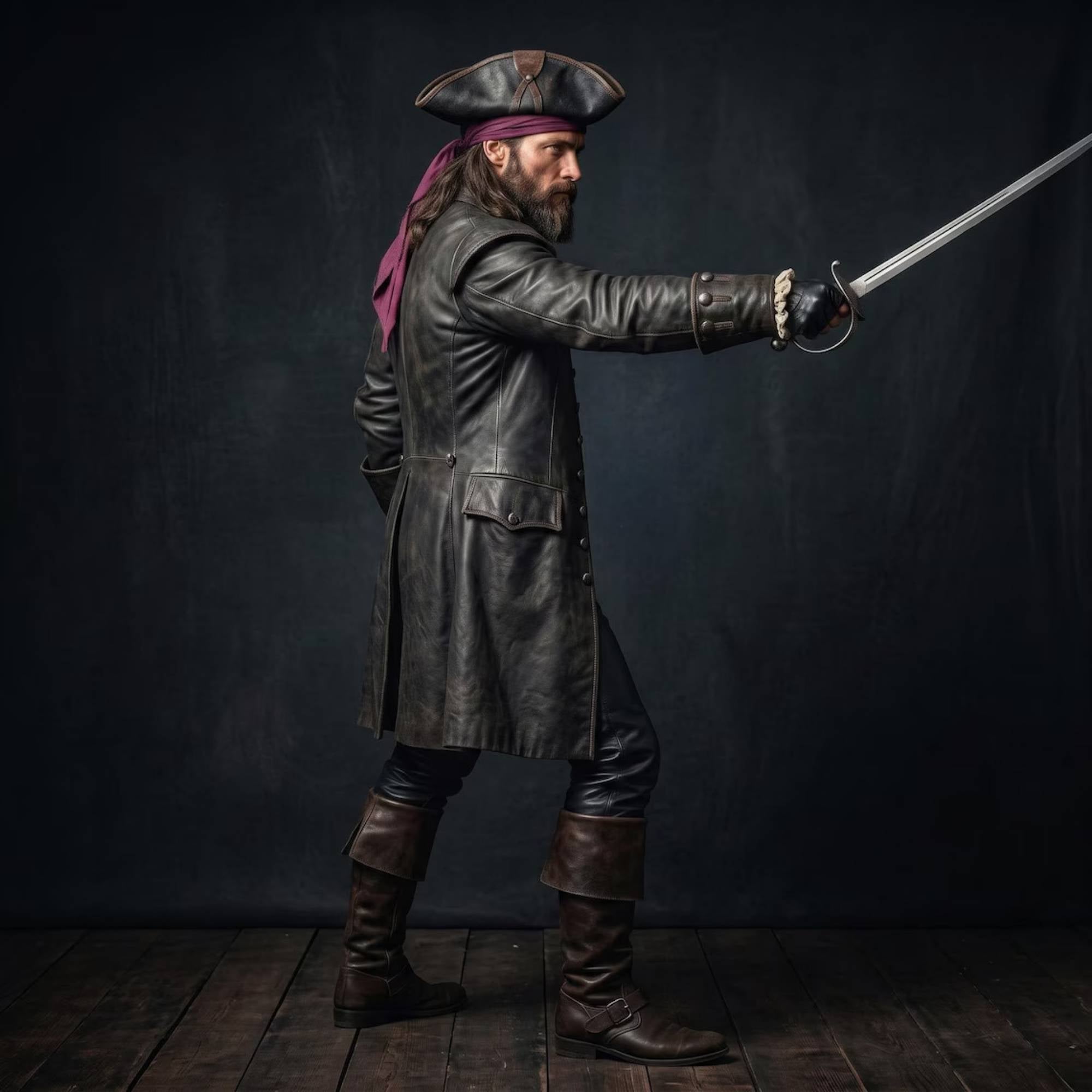 Side profile view of pirate captain pointing rapier sword showing wide folded cuffs and long leather coat tails