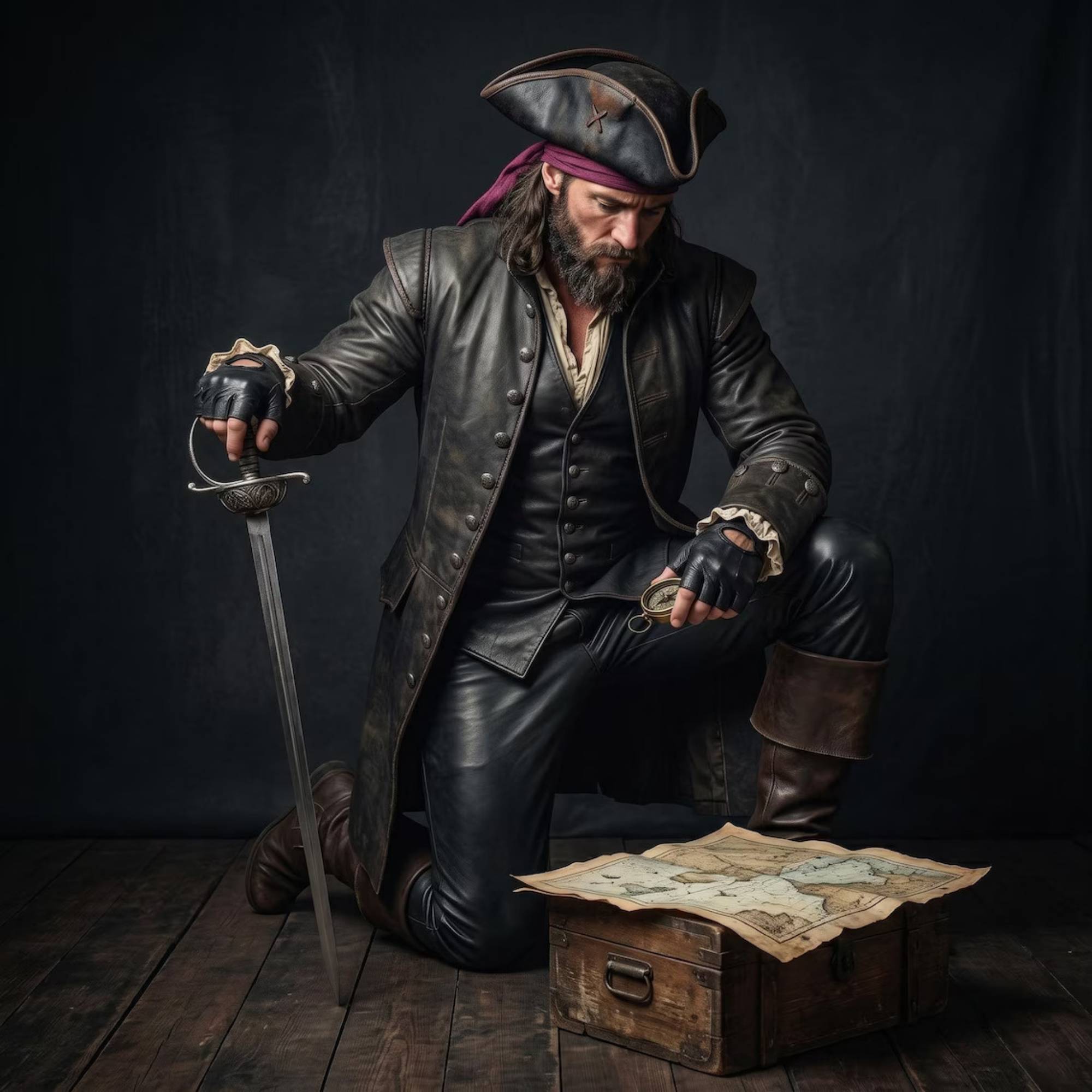 Pirate captain kneeling beside wooden treasure chest reading an ancient sea map while holding compass and sword