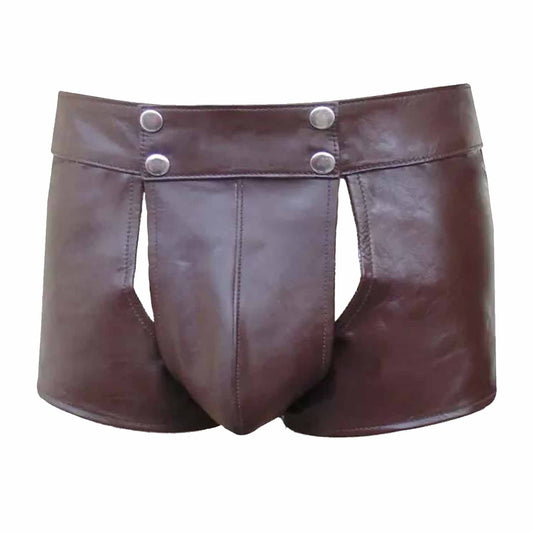 Pantalones cortos de cuero marrón genuino para hombre con bragueta desmontable y abertura delantera, pantalones cortos gay
