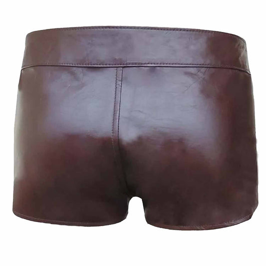 Pantalones cortos de cuero marrón genuino para hombre con bragueta desmontable y abertura delantera, pantalones cortos gay